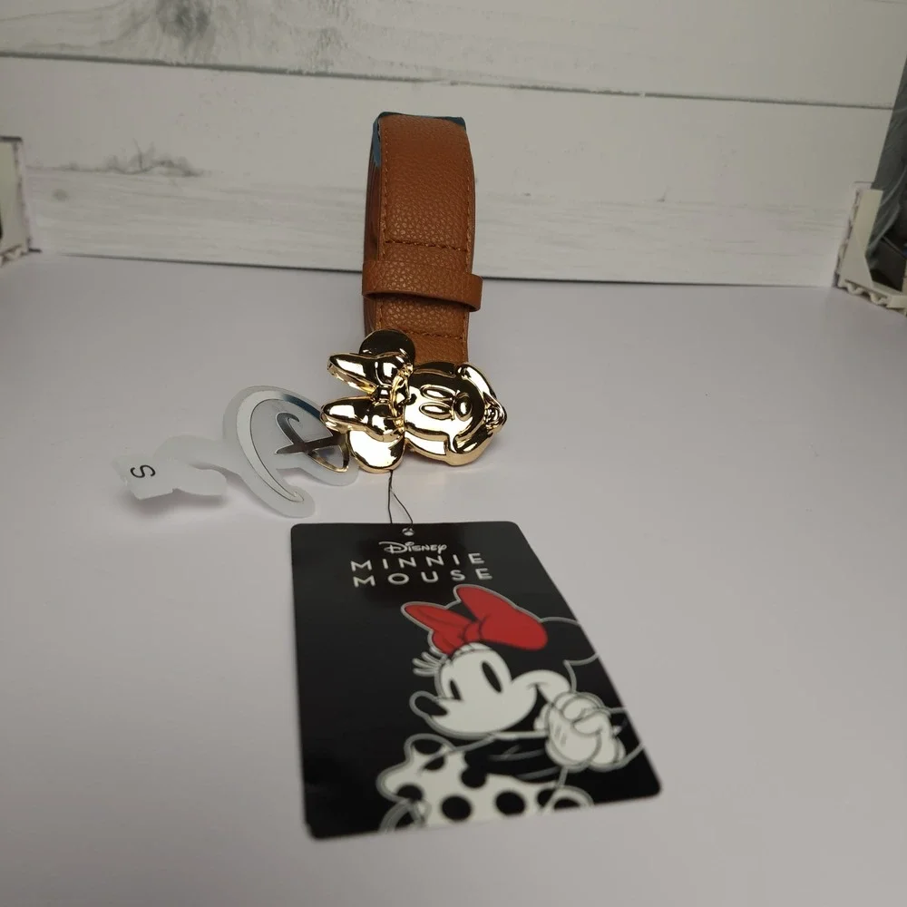 Disney Minnie Mouse Girls Brown Faux Leather Belt‎ Gold Minnie Buckle Size Small